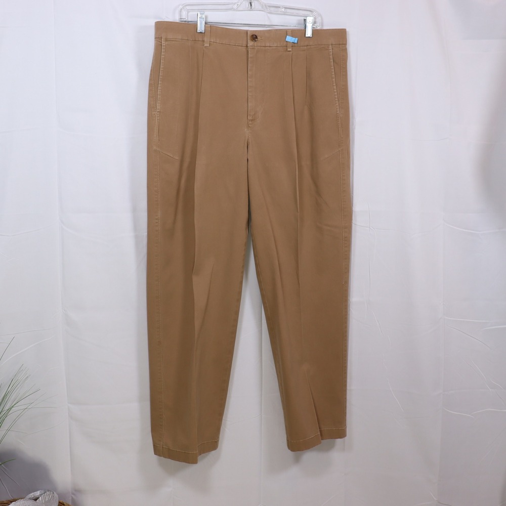 Roundtree & Yorke Pleated Chino Pants 38x32 Brown Mens Cotton Spandex Trousers